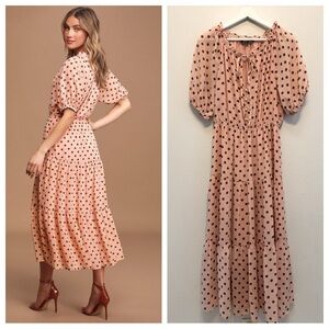 Lulu’s I love you tier-ly pink and brown polka dot tiered maxi dress. Size S.